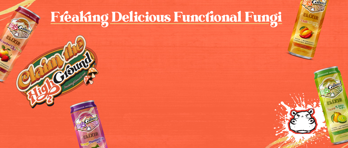 a135ad76-b559-4e4f-87f9-2e14460add9a.__CR0,0,1464,625_PT0_SX1464_V1___ High Ground Elixir Mushroom Seltzer – Strawberry Peach | Lion’s Mane for Focus, Reishi for Stress, Cordyceps, Chaga, Turkey Tail, L-Theanine | Adaptogen Drink | Low Cal, No Added Sugar, 12oz Cans, 6 Pack