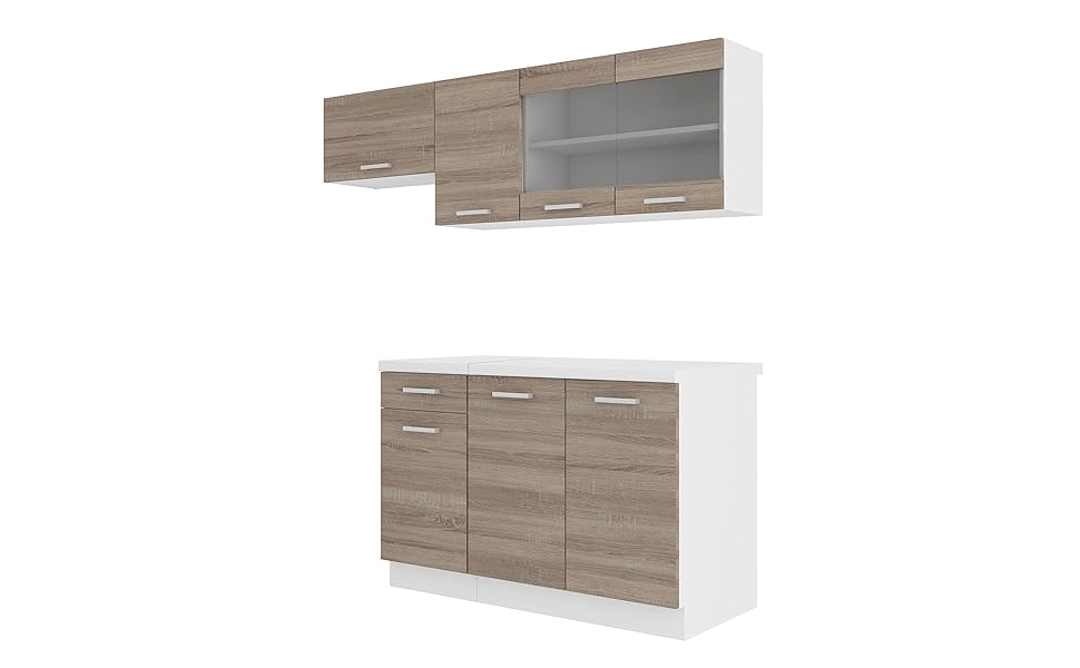 Two-piece kitchen cabinet set with wood-grain finish. Upper unit is a wall-mounted open shelf, lower unit is a floor cabinet with three doors.