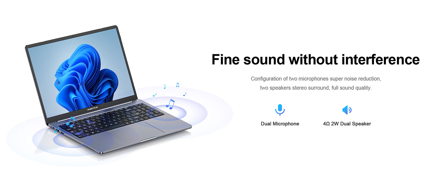 Text reads 'Fine sound without interference'. Laptop with blue audio wave graphics displayed on screen, illustrating sound technology features.