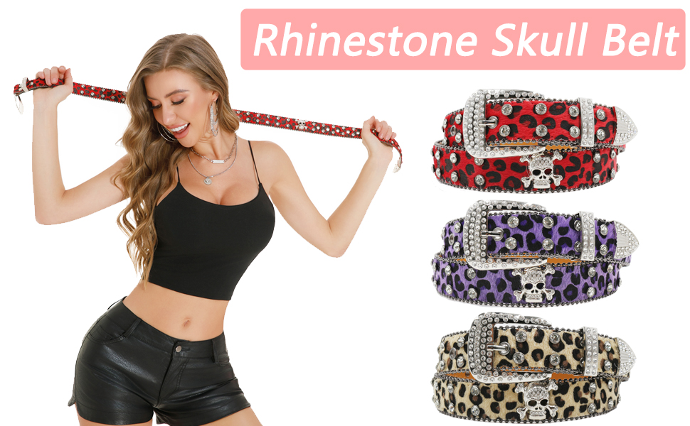 EVERBLTING Rhinestone Skull Belt Men Women Skull Leopard