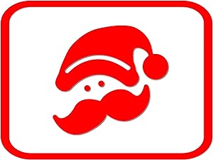 Minimalist red icon of Santa Claus face with hat and mustache, enclosed in a rounded square with thick border.
