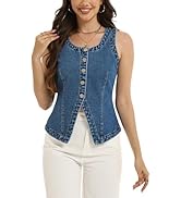 D-Sun Women Sleeveless Denim Vest Crewneck Button Down Jean Waistcoat Casual Front Slit Slim Deni...