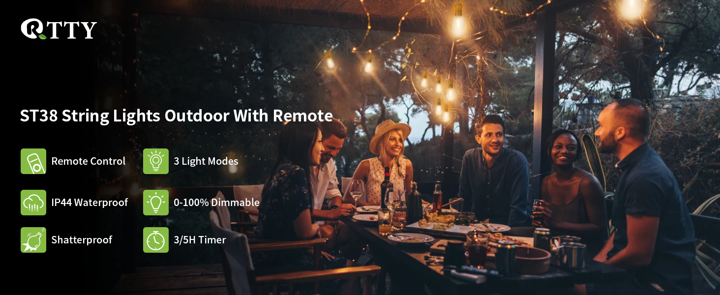 RTTY 150FT Outdoor String Lights Remote with 45pcs Vintage Shatterproof