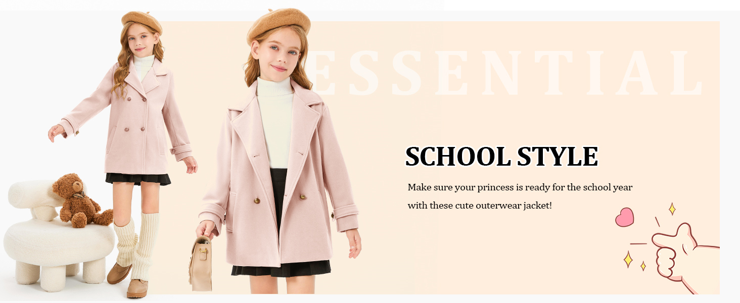 Girls Peacoat Winter Dress Coat Double Breasted Kids Fall Outerwear Jackets with Pockets 3-10 Years