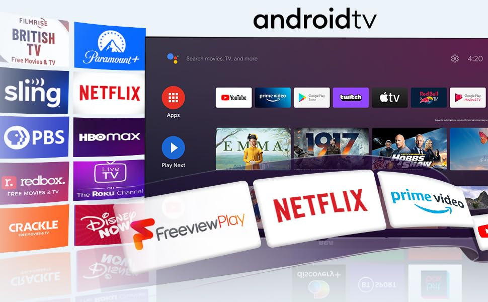 Curved display showing Android TV interface with streaming app logos. 3D representation of multiple streaming service icons flowing from left side.