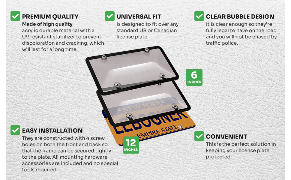 lebogner Car License Plates Shields and Frames Combo, 2 Pack Tinted Bubble Design Novelty Plate