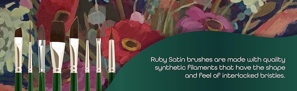 Eight Ruby Satin synthetic paintbrushes on a floral painting.