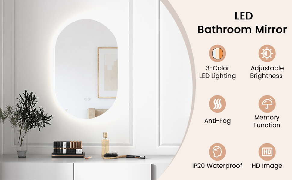 Tangkula 32" x 20" Oval LED Wall Mirror, Backlit Dimmable