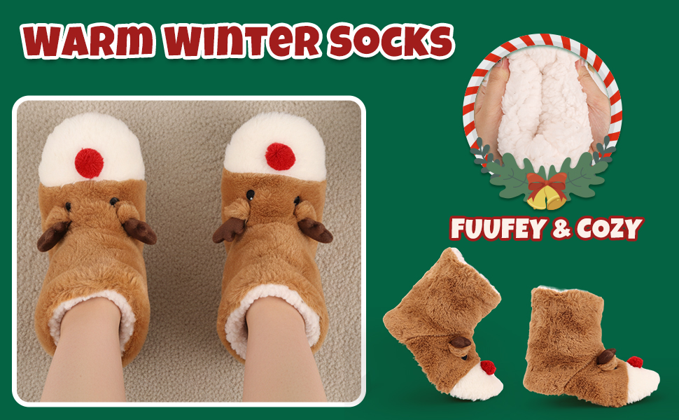 Text reads 'WARM WINTER SOCKS' and 'FLUFFY & COZY'. Product images showing brown plush animal-themed winter socks on green background.
