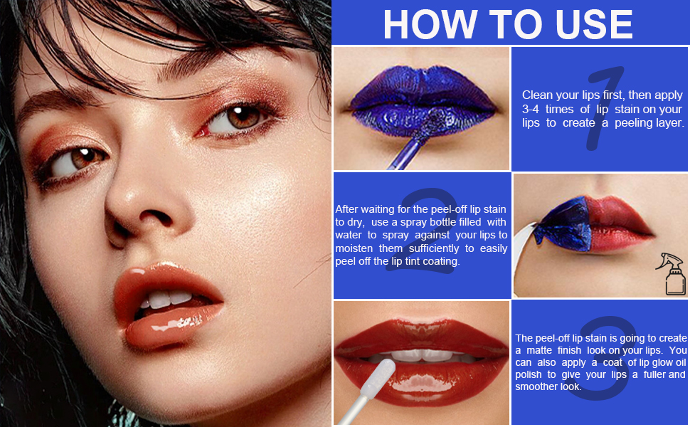 5 Colors Lip Stain Set, Long Lasting Waterproof Peel Off Lip Tint with Lip Oil and