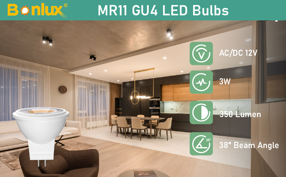 Bonlux MR11 GU4.0 LED Light Bulb, 3W G4/GU4/GZ4 BiPin Base AC/DC 12V