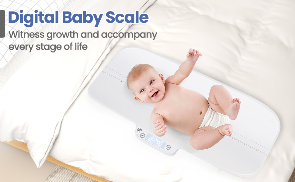 Text reads 'Digital Baby Scale' and 'Witness growth and accompany every stage of life'. Series of images showing digital baby scale in use with infants.