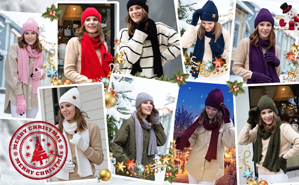 Womens Winter Knit Warm Hat Beanie Long Scarf TouchScreen Gloves Set Fleece Lined Gift Set for Women