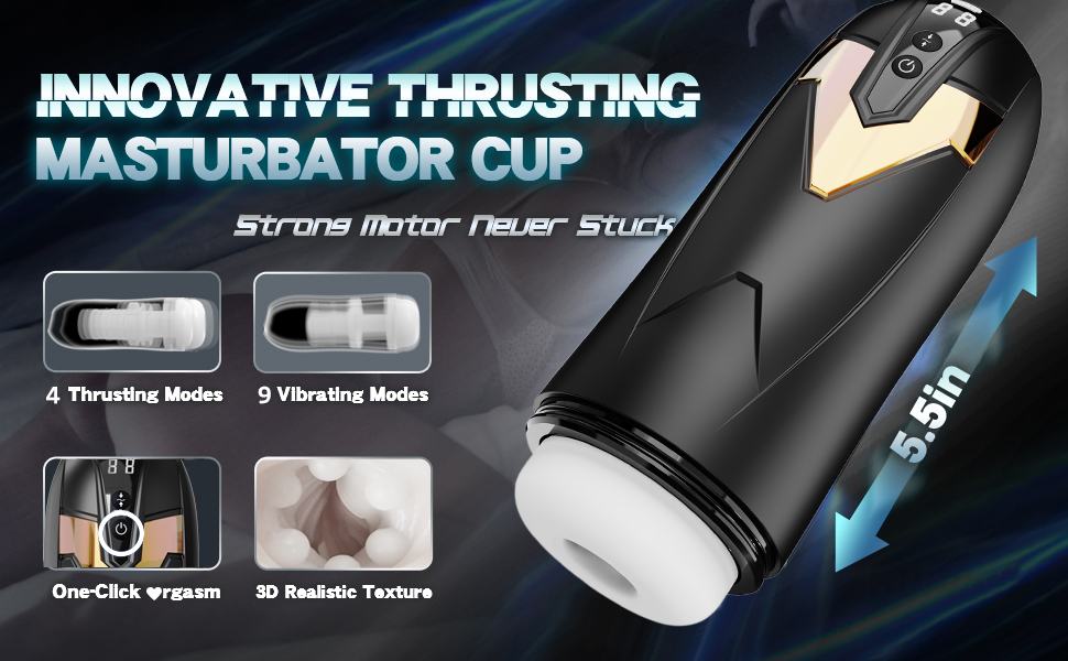 Black electronic device with white tip, featuring 4 thrusting modes, 9 vibrating modes, and 3D realistic texture. Product information displayed on blue background.