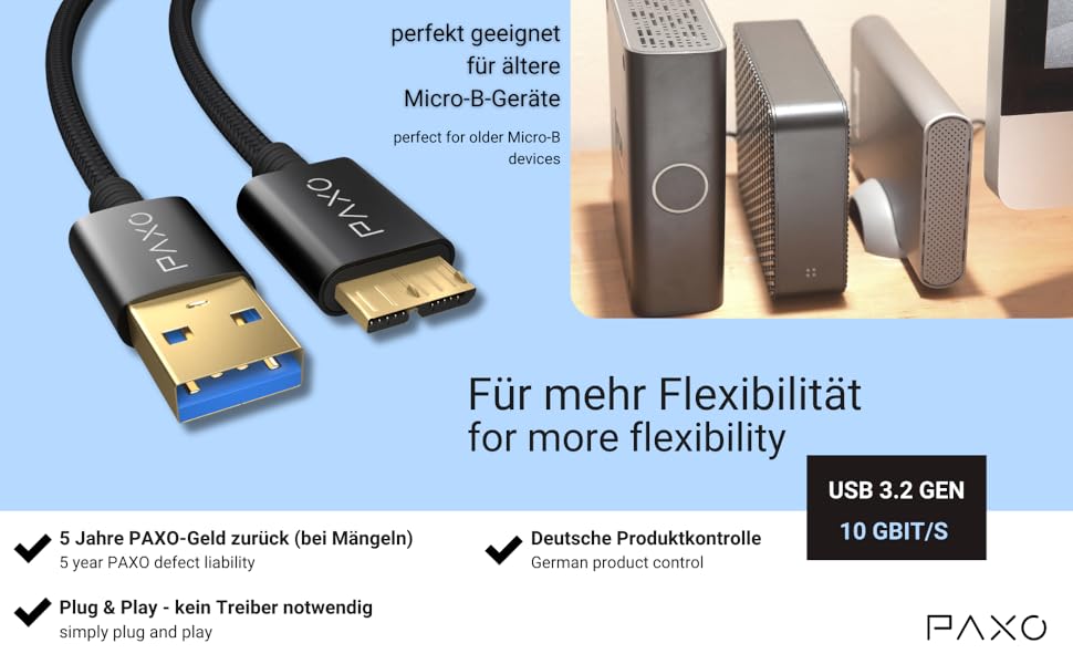 PAXO USB A auf USB Micro B Festplatte Datenkabel 10gbit schwarz hard drive