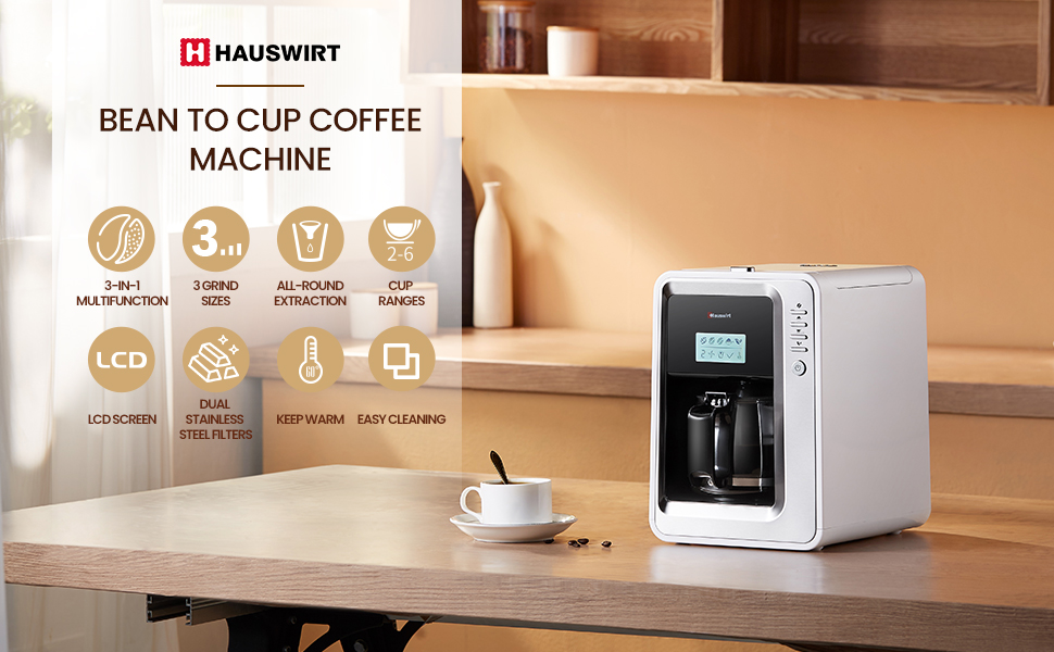 HAUSWIRT Bean to Cup Coffee Machine, Filter Coffee Machine with Grinder