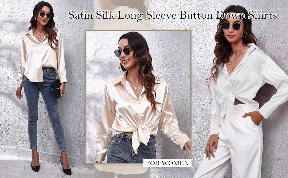 Shirt for Women Long Sleeve Button Down Shirt Satin Blouse Tops Shiny Silk Like Shirt Office Work Business Blouse 15 8