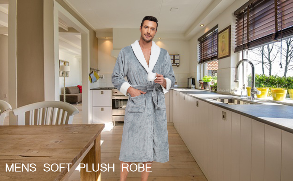 RONGTAI Luxurious Mens Shawl Collar Plush Fleece Bathrobe Cozy Warm