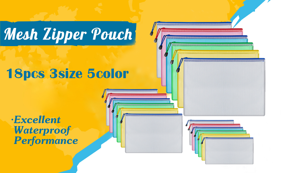 Lyukii 18PCS Mesh Zipper Pouch A4+A5+A6 Waterproof Mesh Zip Bags, 3