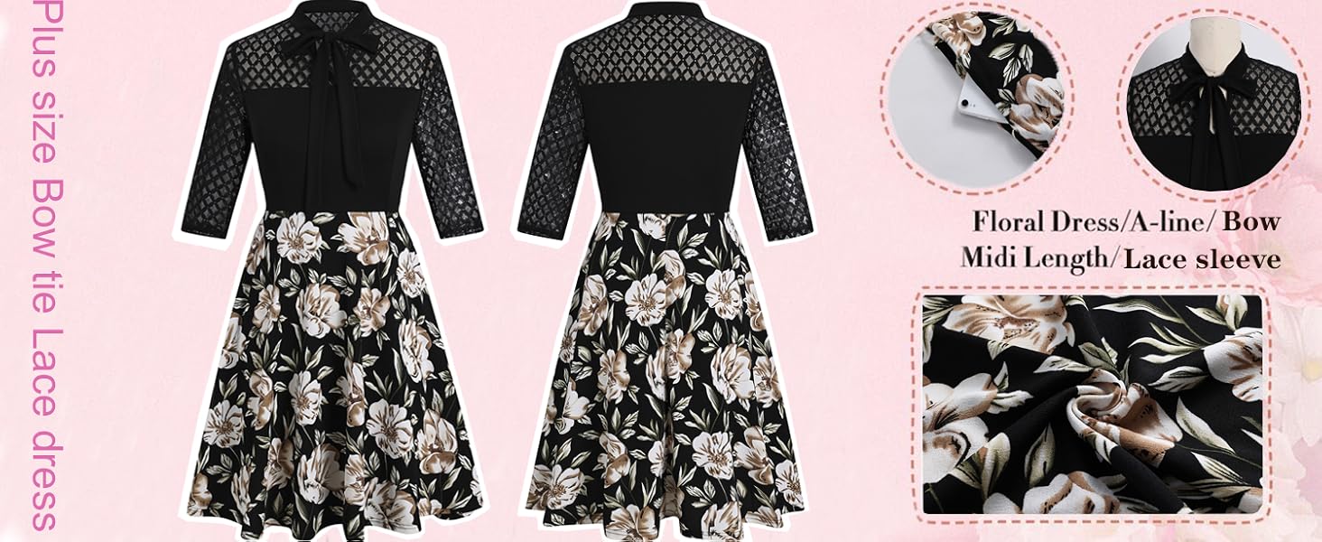 Women's Plus Size Contrast Mesh Short Sleeve Bow Tie Neck A-Line Party Dresses