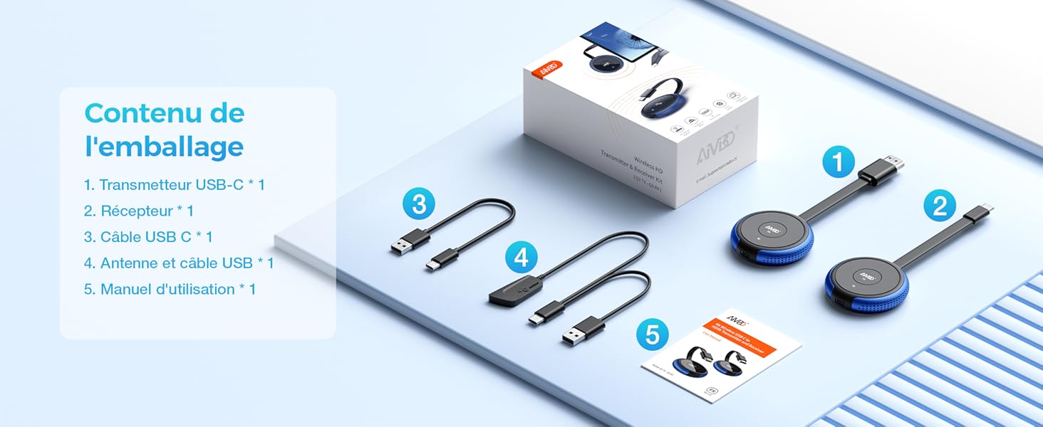 Présentation du produit montrant les composants d'un emballage, y compris les écouteurs, l'étui de chargement, le câble USB et le manuel d'instructions sur fond bleu et blanc