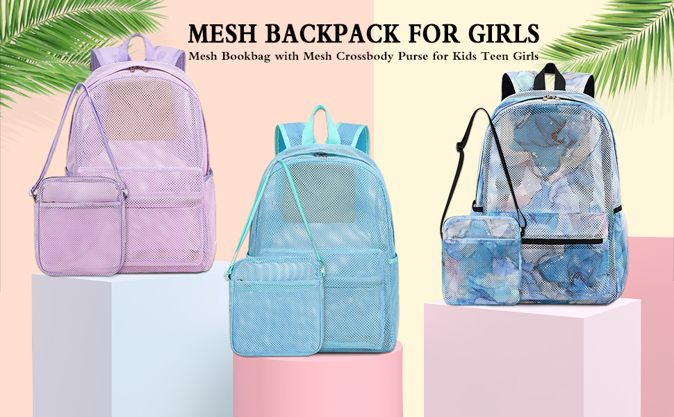 LEDAOU Kids Mesh Backpack 2pcs Set SemiTransparent Mesh Bookbag with Crossbody