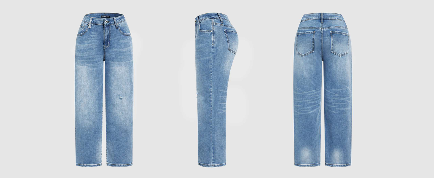 Flamingals High Waisted Raw Hem Straight Leg Cropped Jeans for Women