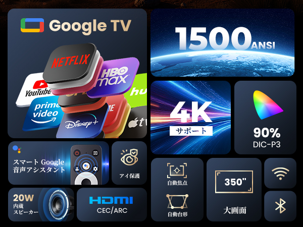 1500ANSI/公式Google TV/音声制御】プロジェクター 4K Amazon.co.jp: 【1500ANSI/公式Google TV/音声制御/短焦点