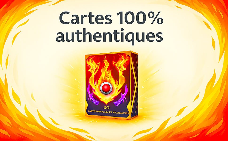 Le texte indique « Cartes 100 % authentiques ». Fond orange doré avec des effets lumineux autour du texte favorisant l'authenticité de la carte.