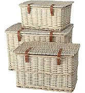 WHW Whole House Worlds Cape Cod Wicker Trunks, Set of 3, Woven Rattan, Faux Leather Straps and Ha...