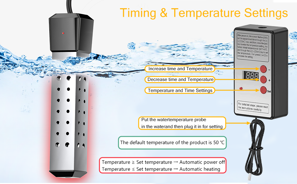 Hewslaty 2000W Electric Immersion Water Heater Auto Shut-Off Timer - Portable Heater With Auto Shut Off