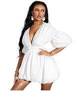 WDIRARA Women's Deep V Neck Puff Sleeve High Rise Flare