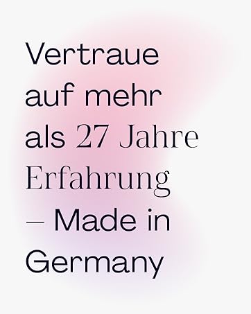 Text in German on pink background: 'Vertraue auf mehr als 27 Jahre Erfahrung - Made in Germany' (Trust in more than 27 years of experience - Made in Germany).