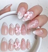 24PCS Blush Pink French Almond Press-On Nails – Medium Length Fake Nails with 3D Bow & Flower Des...