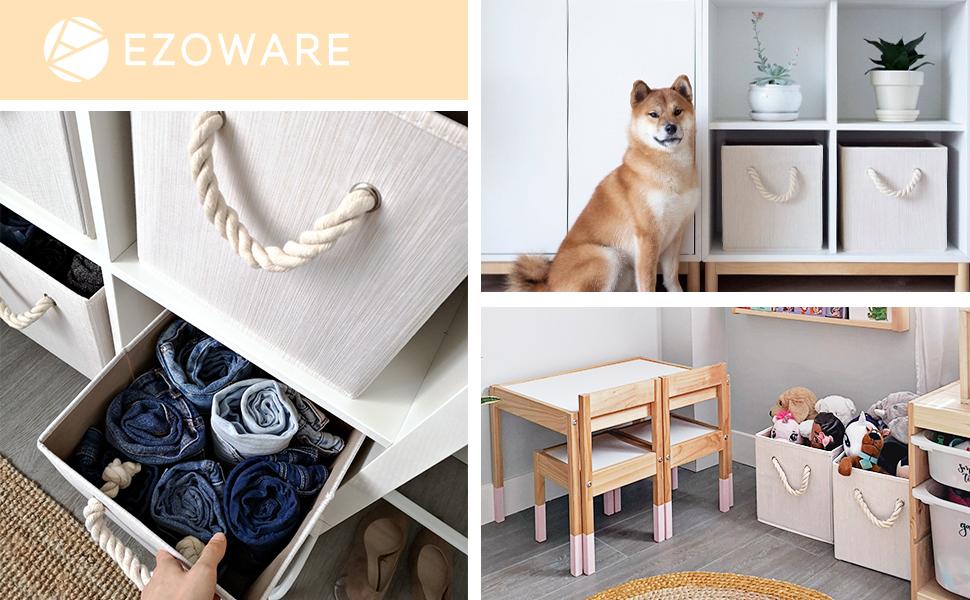 EZOWARE Set of 2 Bamboo Fabric Storage Basket Bins with Cotton Rope