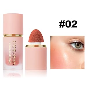 Pink-colored makeup product with gold accent band and matching applicator sponge, labeled #02, shown with makeup application result.