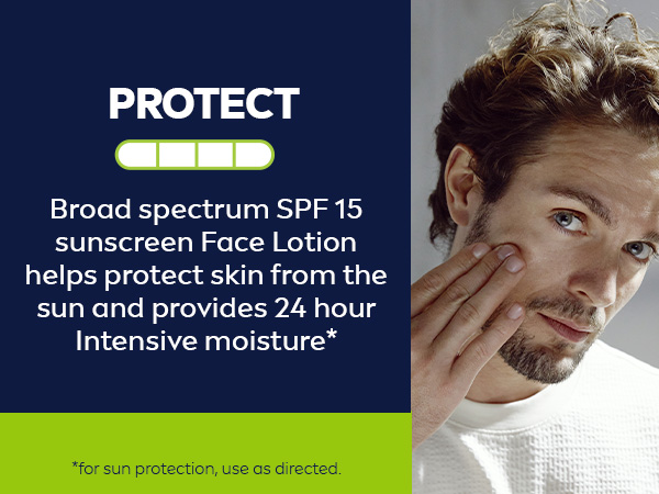 Protect: Broad spectrum SPF 15 face lotion moisturizes and soothes while protecting skin
