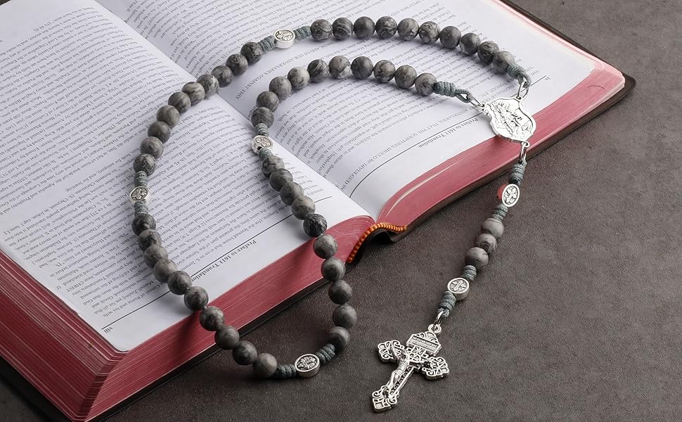 HanlinCC Map Stone Natural Stone Beads Catholic Rosary Necklace for Men and Women
