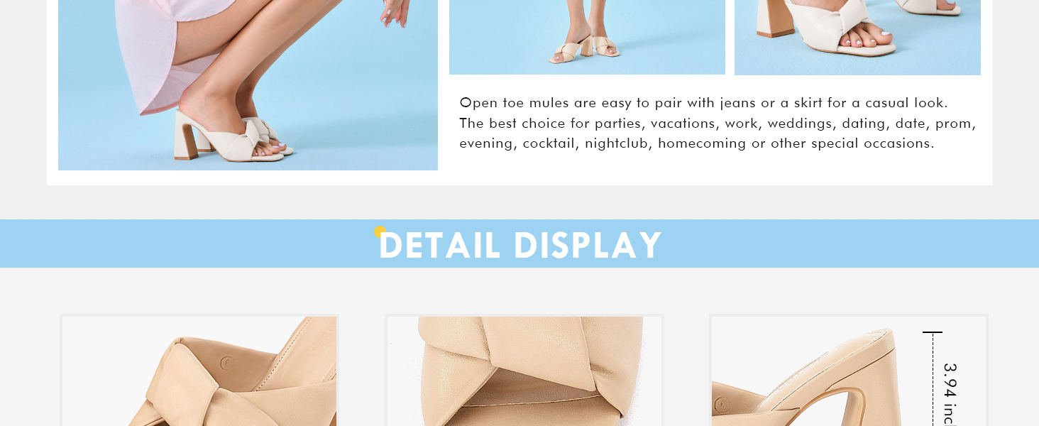 Womens Chunky Heeled Mules Puffy Knot Square Open Toe Slip On Sandals Summer Evening Party Shoes