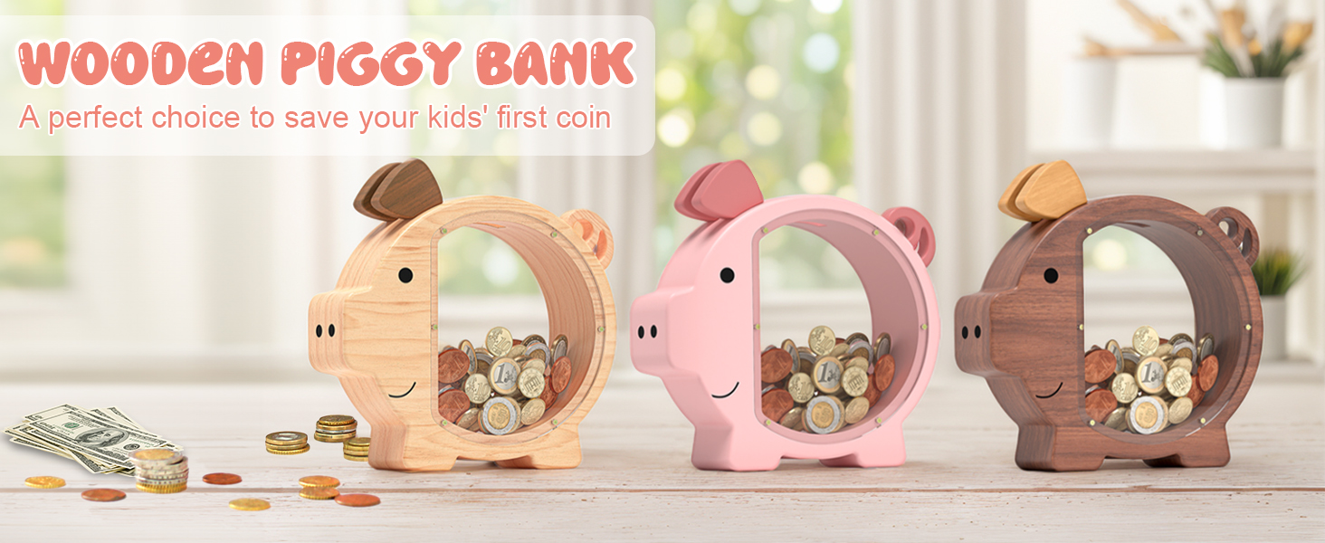 Cute and colorful wooden piggy bank, perfect for teaching toddlers about saving money