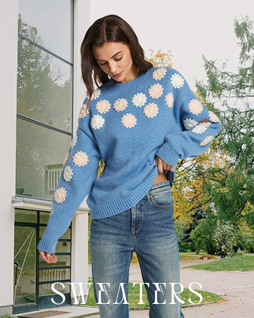 Women Crewneck Sweater Long Sleeve Floral Embroidery Knit Pullover Sweater
