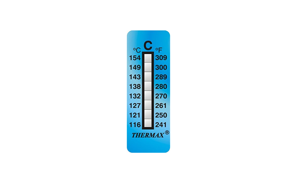 Thermax Irreversible Temperature label 8 level strips, Range 116 Deg C