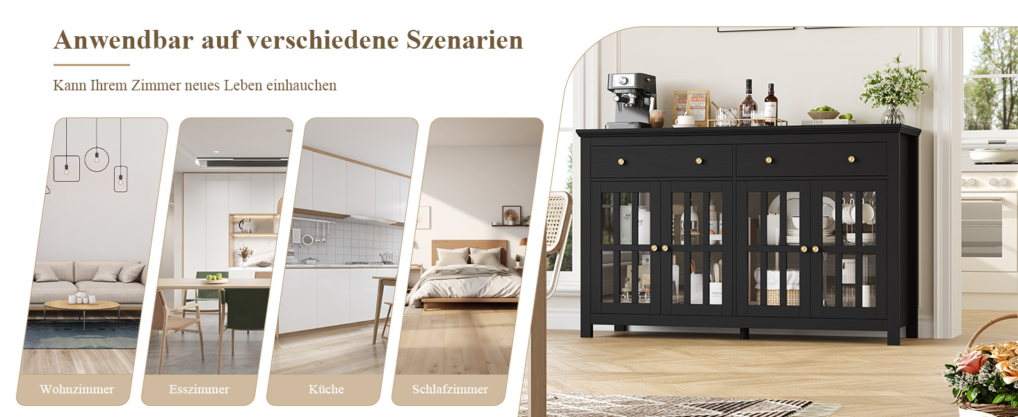 Bild mit vier Panels, das verschiedene Ansichten eines schwarzen Sideboards aus Holz mit Glastüren zeigt, das in verschiedenen Kücheneinrichtungen ausgestellt