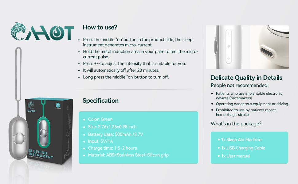 Cahot Sleep aid Device, MicroCurrent Calm Carry Anxiety Device, Rechargeable Calm