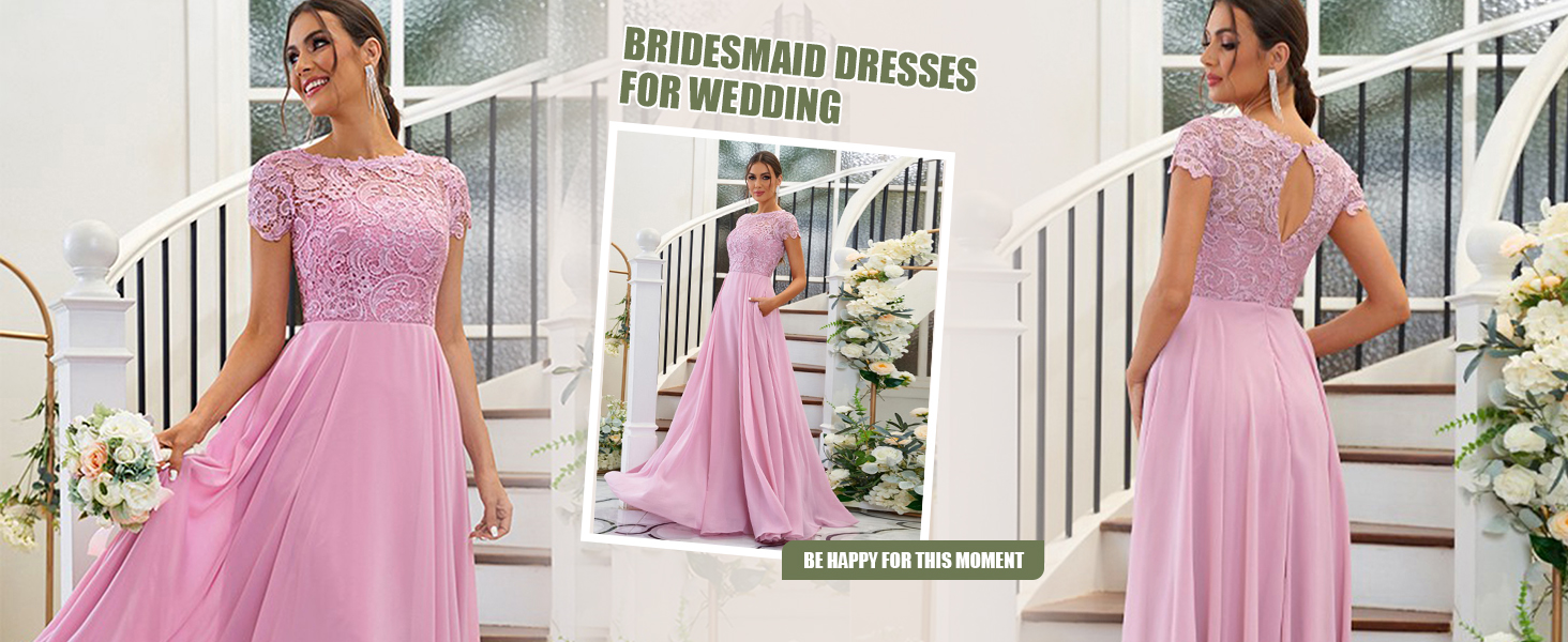 elegant lace chiffon bridesmaid dresses with cap sleeves side pockets formal evening gowns