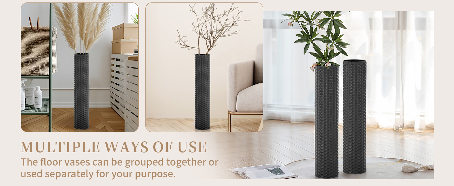 Tall cylindrical black floor vases with textured surface. Multiple images show versatile use: grouped together or separately, holding pampas grass, branches, or plants in different room settings.