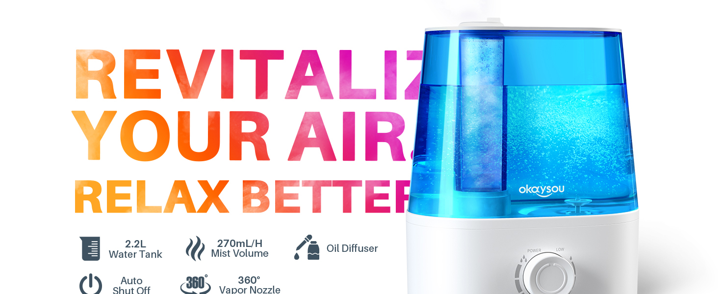Okaysou Humidifiers for Bedroom Large Room, 2.2L Humidifier W/Essential
