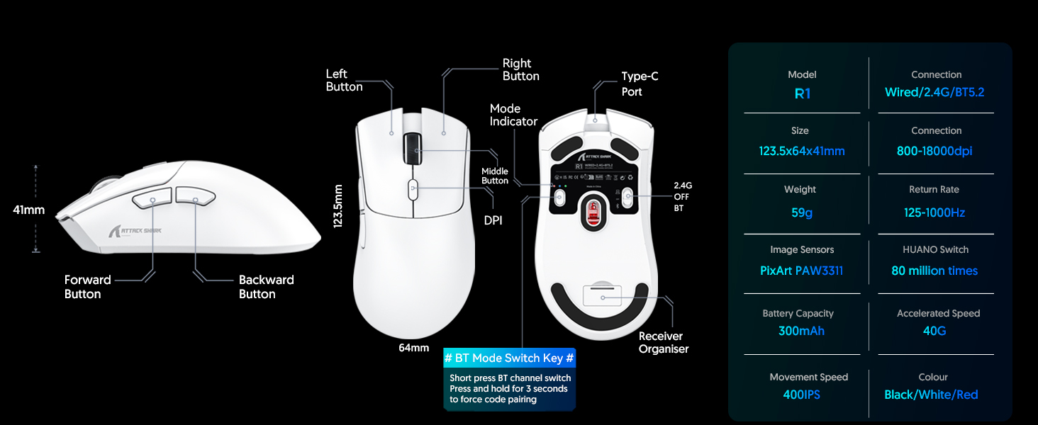 ATTACK SHARK R1 gaming mouse programmable with 6 button