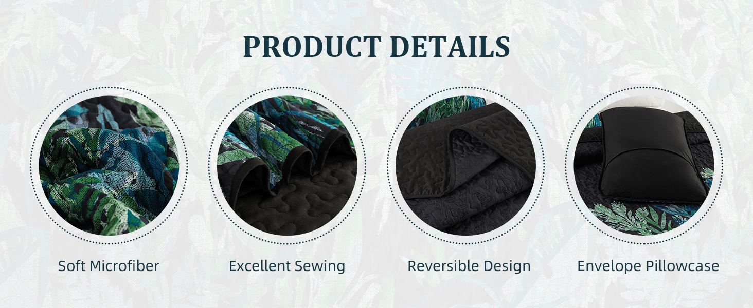 WONGS BEDDING King Size Quilts, Black Botanical Plants