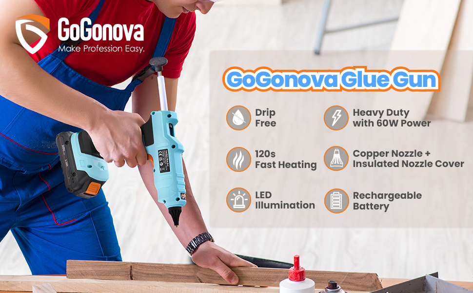 20V Glue Gun Cordless, GoGonova Heavy Duty Glue Gun with AntiDrip